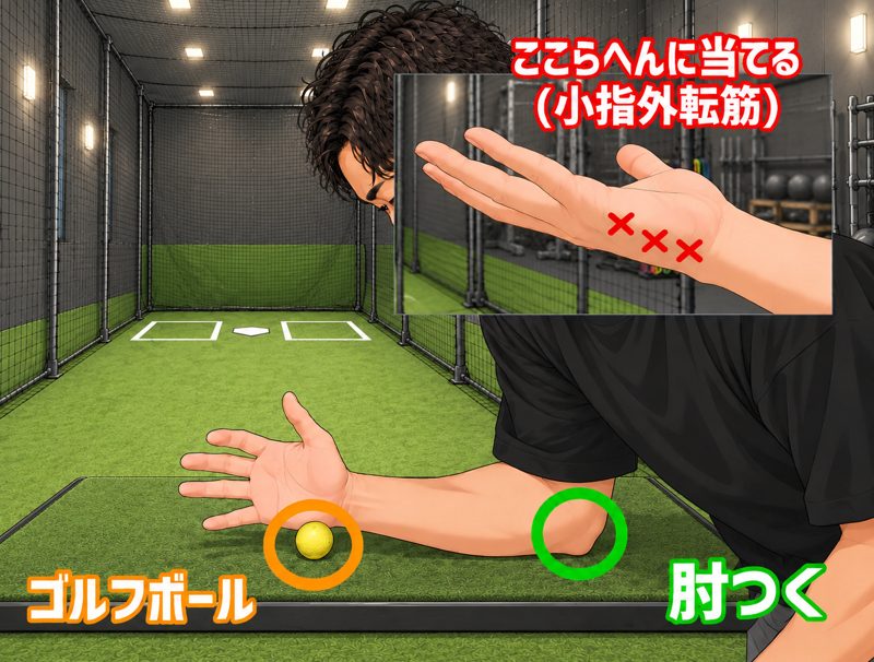 ゴルフボールを小指外転筋に当てる・肘をつく