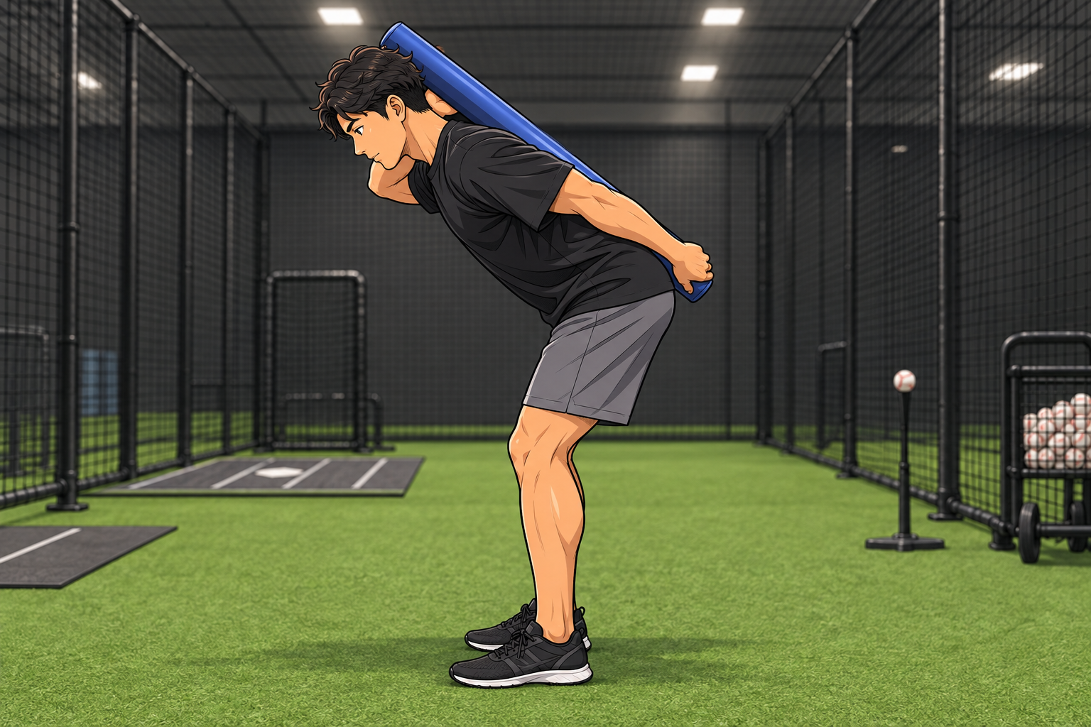 RDL（スティック）：背中に棒を当てたまま股関節を畳み、お尻とハムストリングスに伸び感をつくる