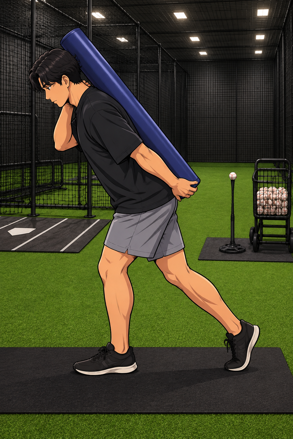 スプリットRDL（スティック）：前後に足を開いたスプリット姿勢で、背中に棒を当てたままヒンジする